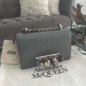 Alexander McQueen Mini Jeweled Satchel blue/gray crossbody or clutch.
